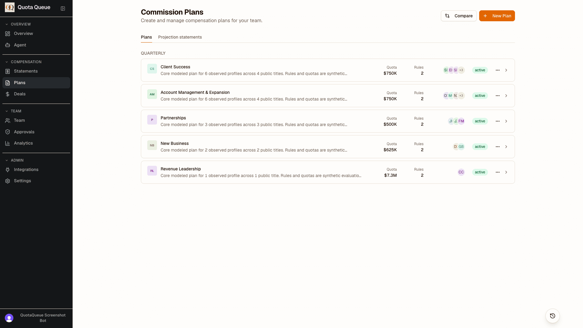 Quota Queue Commission Plans list showing draft and active plans