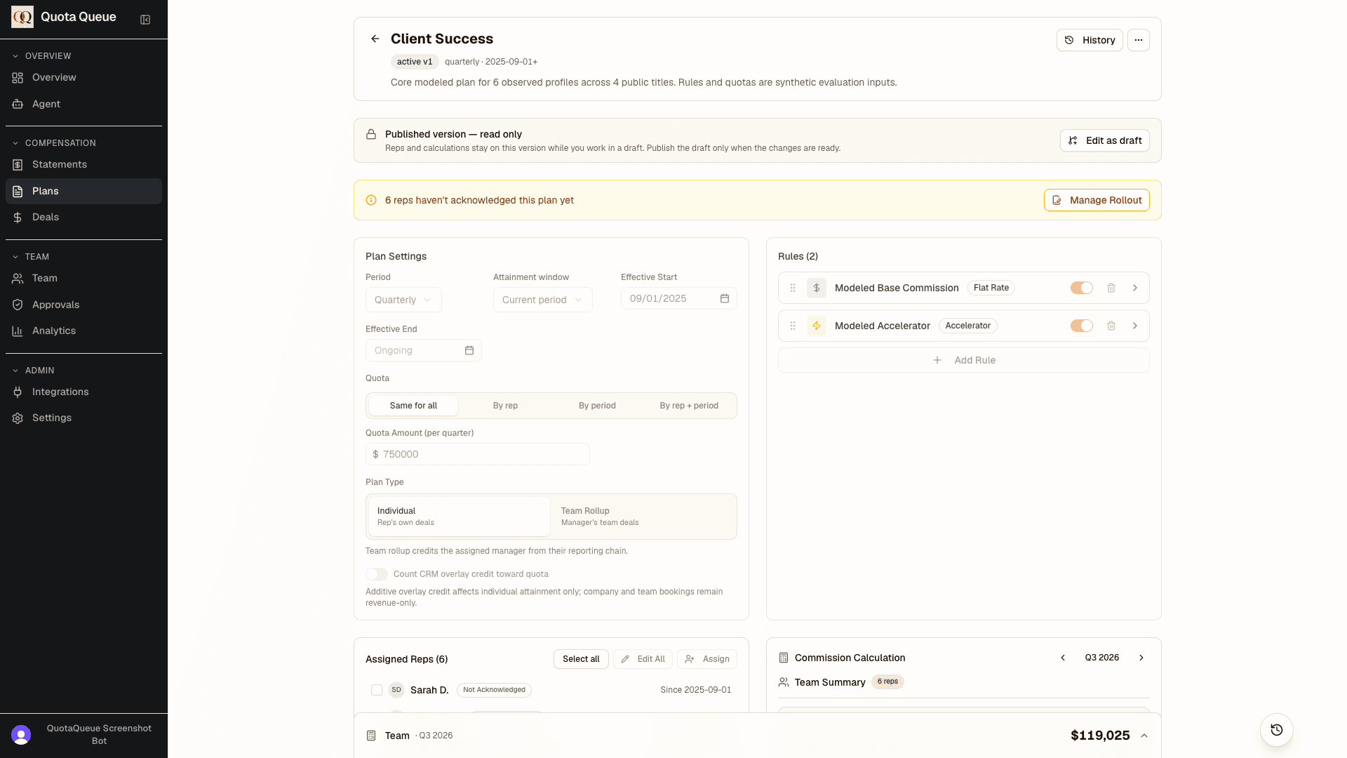 Plan detail with quota and commission calculation preview
