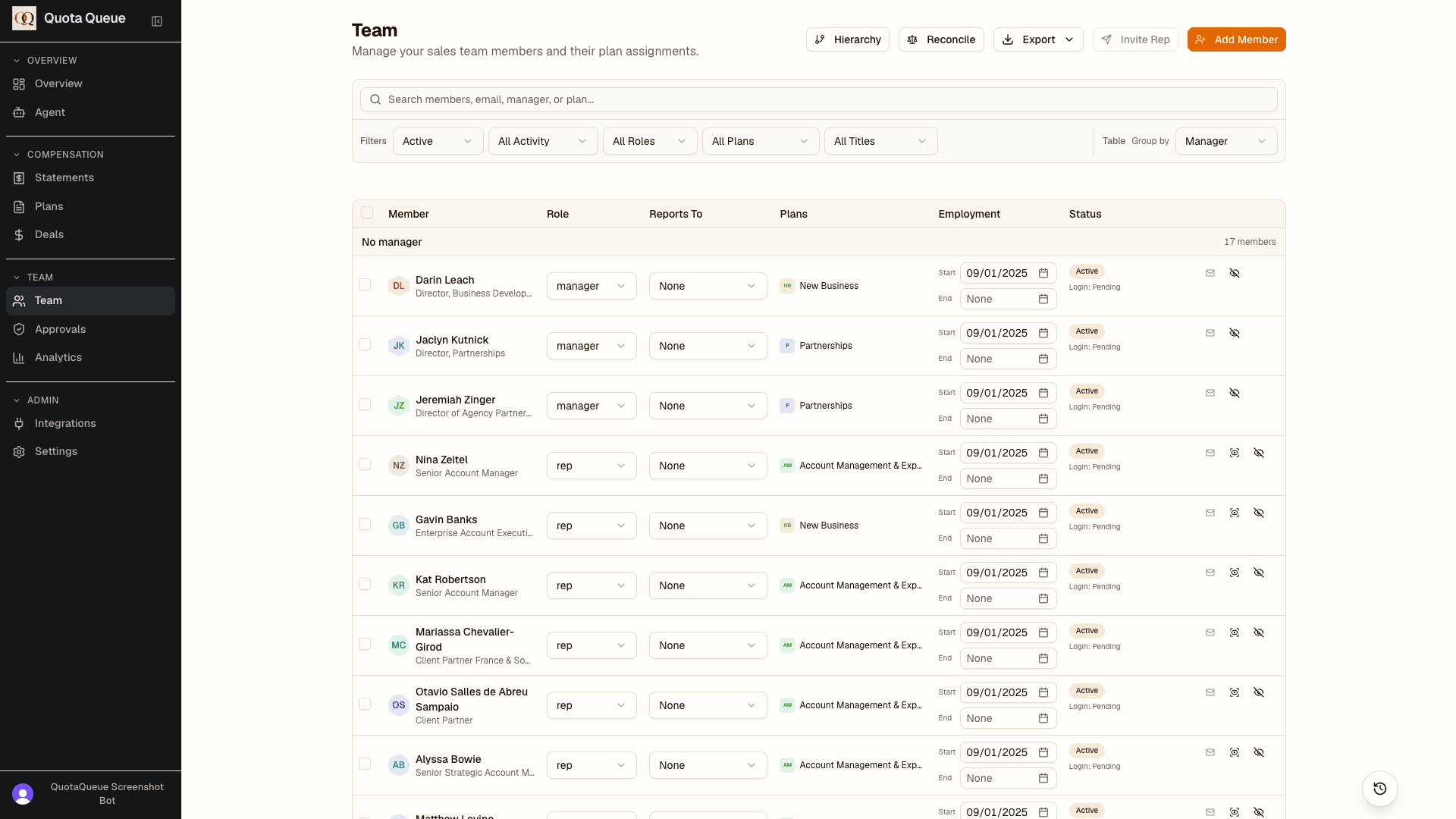 Quota Queue Team workspace showing people, roles, managers, and plan assignments